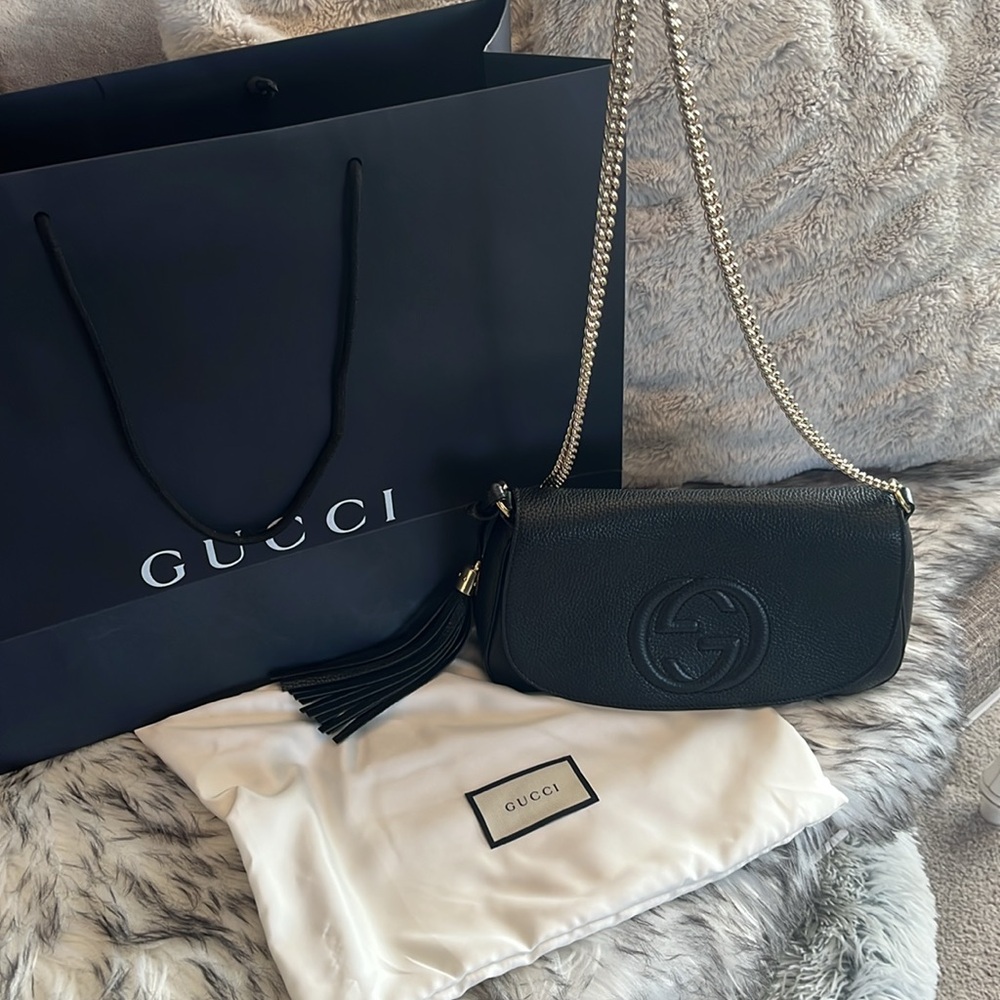 Gucci Soho Interlocking GG Black Leather Gold Chain Flap Shoulder Bag Purse - Picture 5 of 17